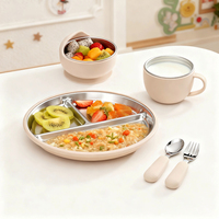 Juego de Vajilla Infantil Sostenible Libre de BPA, Plato de Acero Inoxidable, Taza de Silicona para Snacks y Juego de Tenedores con Diseño de Dibujos Animados, Apto para Lavavajillas