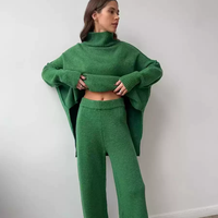 Ensemble deux pièces en cachemire 100 % tricoté pour femme : pull à col roulé à manches chauve-souris et ourlet fendu, pantalon décontracté à jambes larges, tenue de détente