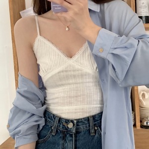 Canotte <span class=keywords><strong>in</strong></span> pizzo da donna con scollo a V e doppia spallina, morbide, a costine, con finiture <span class=keywords><strong>in</strong></span> pizzo - Product Image 1