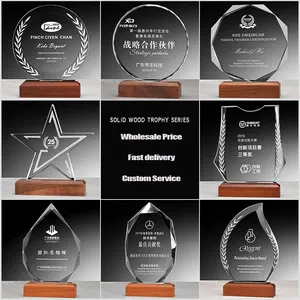 Wholesale Round Crystal Glass Trophy With Wood Base Awards Customized Logo New Wood Engraving Trophy Award