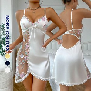 Satin Nightdress <strong>White</strong> Lace Women Sexy Pajamas Set Multi-Color Flower Mesh Backless Babydoll Women Sexy Sleepwear Dress - Product Image 1