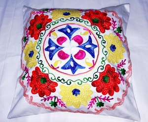 Square Embroidered <b>Cushion</b> Cover Floral Pattern Bohemian Style Mexican Craft Home Decor 100% Cotton - Product Image 1