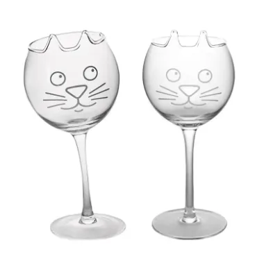 Şeffaf yüksek bacaklı cam şarap seti, kadınlar için 2 benzersiz doğum günü veya yılbaşı hediyeleri, kedi meraklıları için kedi hediye