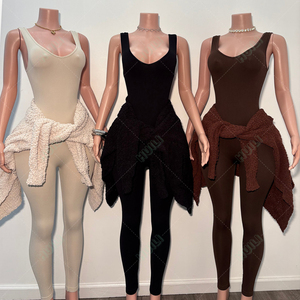 Huili <span class=keywords><strong>OEM</strong></span> Tùy Chỉnh Hai Mảnh Jumpsuit Activewear & Áo Len Áo Khoác Phòng Tập Thể Dục Thể Thao Xà Cạp Dệt Kim Cardigan Loungewear Bộ Cho Phụ Nữ - Product Image 2