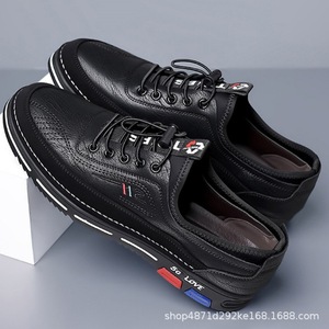 Chaussures bateau décontractées en cuir pour hommes, bout rond, à lacets, semelle en caoutchouc amortie, toutes saisons, couleur unie, logo embossé - Product Image 3