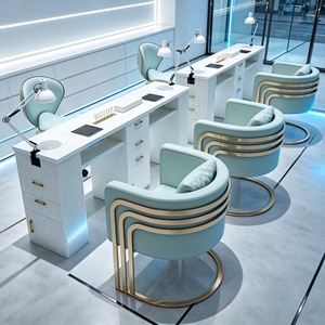 Ensemble de table de manucure avec plateau en marbre et tiroirs, poste de travail moderne pour salon de beauté avec chaise de manucure rembourrée en crème assortie - Product Image 5