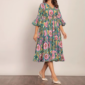 Vestido Midi con estampado Floral multicolor, Vestido de manga larga de verano, vestido de fiesta de algodón a la moda, vestido occidental de una pieza para mujer - Product Image 1