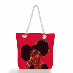 Sac de plage en corde personnalisé noir pour filles, imprimé, écologique, réutilisable, mignon, tendance, pour femme, sac de courses portable, vente en gros - Product Image 5