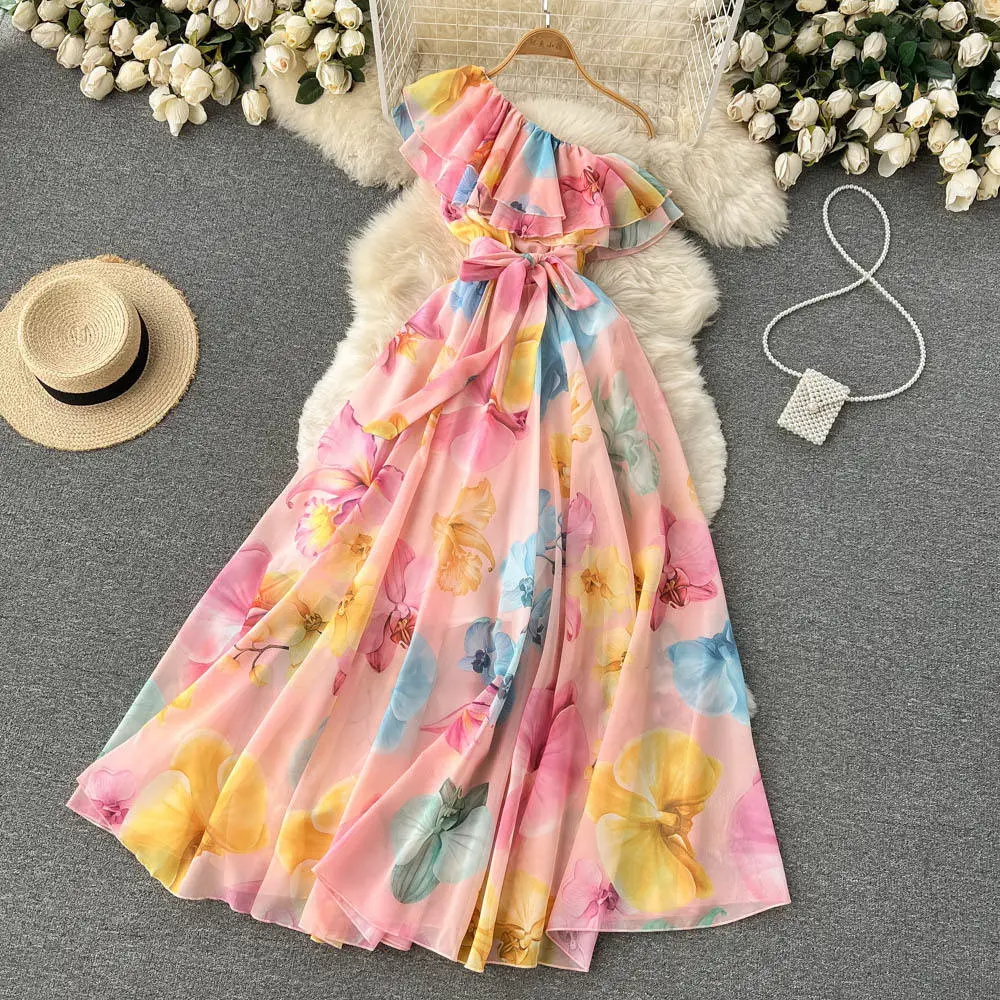 Women Summer Cross-shoulder Vacation Beach Long Skirt Chiffon Floral Dress Temperament Lace-up Waist Long Skirt