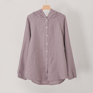 Camisa de Manga Larga con Botones para Mujer, 100% Cáñamo, Estilo Casual Chino, Protección Solar, con Sombrero - Product Image 3