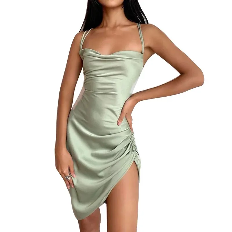 Sleeveless Solid Satin Backless Bandage Ruched Mini Dress Spring Summer Women Fashion Sexy Party Club Clothings