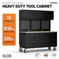 Armoire à outils mobile noire avec tiroirs, panneau perforé, portes verrouillables et banc de garage roulant