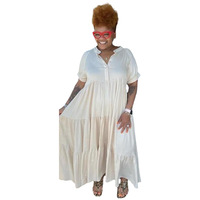 Robe chemise décontractée d'été pour femme grande taille avec perles et fente, manches courtes, col à revers uni boutonné