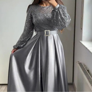 Robe de soirée longue à sequins dorés, manches longues, taille empire, fente avant, fermeture éclair, robe de soirée formelle pleine longueur - Product Image 4