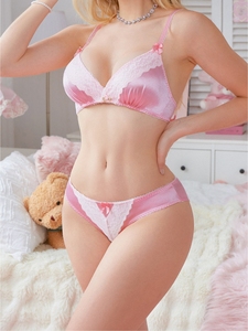 Conjunto de Lencería Sexy de Encaje y Satén <span class=keywords><strong>Rosa</strong></span> para Mujer, Conjunto de Dos Piezas Sensual con Bralette y Braguita de Talle Bajo para Dormir - Product Image 3