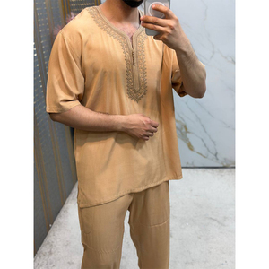 Artisan Moroccan Short Sleeve Jabador For <b>Men</b> Traditional Islamic <b>Thobe</b> Casual Lounge Summer Wear - Product Image 2