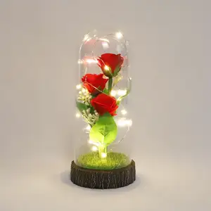 Wholesale artificial eternal red rose flower in clear decorative hand blown glass display dome cloche with led light