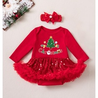 Ensemble 3 pièces prêt à expédier pour bébé fille : Robe tutu de Noël « Mon 1er Noël », tenue rouge à manches longues en tulle à sequins avec bandeau et chauffe-jambes