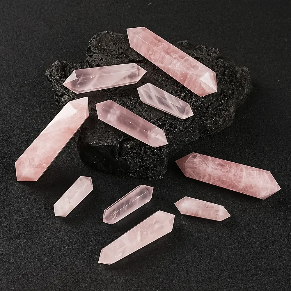 Varinha de cristal de cura Reiki para presentes, cristais de quartzo rosa com pontas duplas e pedras preciosas, decoração de energia polida para meditação