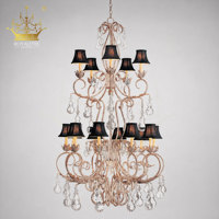 Lustre vintage de luxe en cristal avec abat-jour en tissu noir et cadre blanc antique pour hôtel, villa, salle de banquet