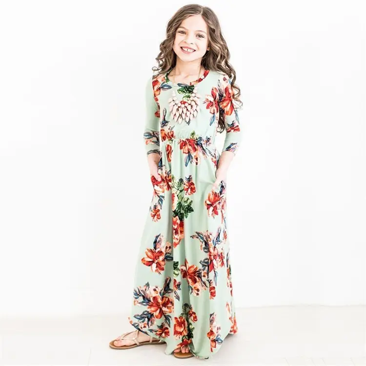 Vestido infantil estampado de flor para meninas, vestido longo casual com estampa floral e manga longa para meninas