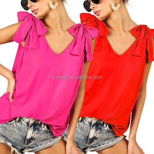 Camiseta sin Mangas con Tirantes Cruzados y Lazo en el Hombro, Color Rosa Intenso, para Mujer, Estilo Casual, Holgada, para Verano, Playa o Vacaciones - Product Image 1