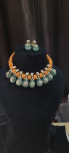 Neelmani Jewels Ethnic Bridal Wedding Statement Set Features Handcrafted Polki Diamonds Orange Flower-Shaped Beads Green - Product Image 4