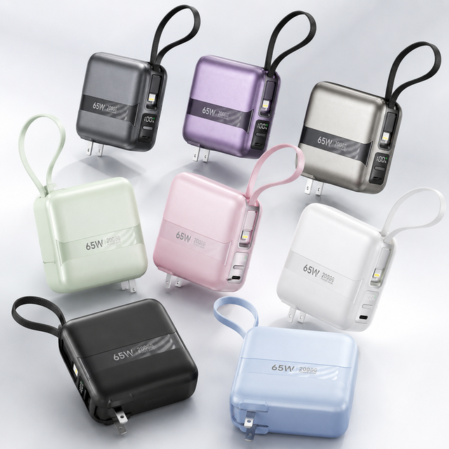 65W Fast Charging 20000mAh Power Bank with Built-in Cables AC Wall Plug Portable Power Bank for Travel Business Trips Daily Use
