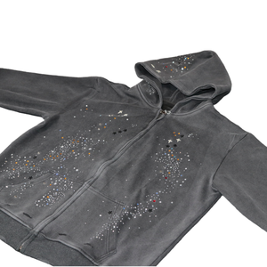 Unisex Gray Hooded Fleece Sweatshirt With Rhinestone <b>Star</b> Print Regular Fit Winter Casual Wear - Product Image 2