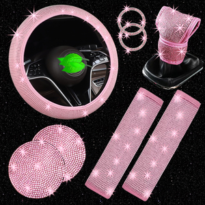 MELCO A1 Ensemble d'accessoires de voiture 8Pcs Gear Handbrake Cover Shoulder Armrest Pad Women's Colorful Diamond Bling Steering Wheel PU - Product Image 1