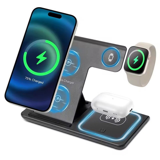 OEM Foldable 3 in 1 15W Fast Wireless Charger for IPhone 17 16 15 14 Portable Fast Charging Station for Samsung Watch Charger