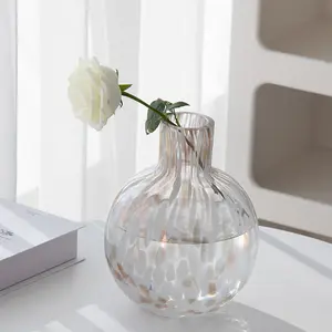 Florero de bola de cristal decorativo esférico grueso redondo con puntos blancos de flores secas de boca estrecha hidropónica para sala de estar