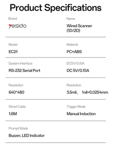 Yesido đa hệ thống tương thích 1D/2D <span class=keywords><strong>QR</strong></span> mã nhận ra 25 loại mã vạch có dây Máy Quét Mã Vạch EC21 - Product Image 5
