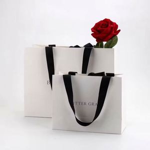 Custom Printed Eco-friendly Recyclable Classic Luxury White Kraft Paper Gift <b>Bag</b> with Ribbon Handle Shopping <b>Bag</b> Your Own Logo - Product Image 1
