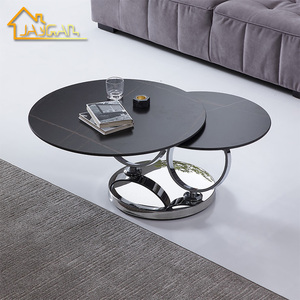 Tavolino da Caffè Rotante con Base in Metallo e Piano in Ceramica Effetto Marmo Nero per Soggiorno, Set di Due Tavolini Rotondi - Product Image 2