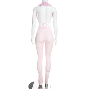 Viviblook J26ST383 Ensemble femme automne nouveau sexy sans manches dos nu haut en fourrure pantalon slim deux pièces - Product Image 2