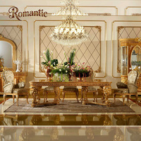 Ensemble de table à manger de luxe personnalisé, style européen classique, en bois massif sculpté, doré, 6 places, salle à manger royale, ensemble de meubles haut de gamme