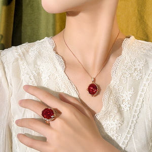 Fashion 14K Gold Filled Eco-friendly Copper Rose Gold Plated Oval Cut Imitation <b>Ruby</b> Sapphire Rings and <b>Necklace</b> Jewelry Set - Product Image 2