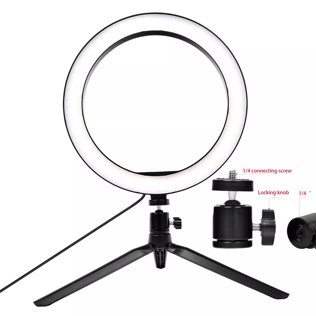 FOSOTO USB Mini LED Ring Light Selfie Light Dimmable with Table Tripods 10 Inch Selfie Led Ring Light for Vlog Make up