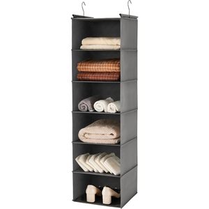 6 Tier Hanging Closet Organizer Grey Foldable Storage <b>Shelf</b> With 2 <b>Hooks</b> For Bedroom Use - Product Image 1