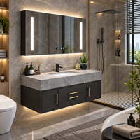 Ensemble de meubles de salle de bain de luxe avec lavabo intégré, miroir carré intelligent mural, finition marbre/quartzite