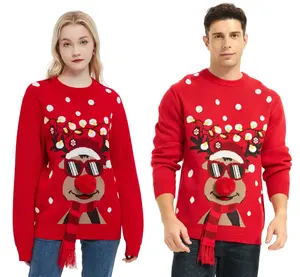 겨울 시즌을위한 O-넥 칼라 주름 방지 만화 패턴이있는 남녀공용 크리스마스 니트 스웨터 OEM 서비스 가능