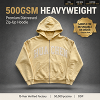 Vintage 500gsm Schwergewichts-Zip-Hoodie für Herren Distressed Zerrissen Applikation Stickerei Perlen Luxus Streetwear Maßgeschneidert Private Label