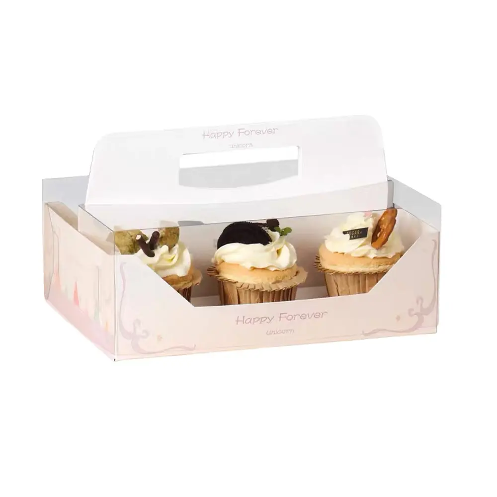 Caja de papel para pasteles, cartón para cupcakes, tapa transparente de plástico transparente, caja para magdalenas de 2 a 4 agujeros con asa
