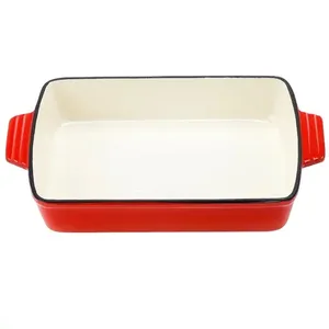2024 Venda quente Ferro Fundido Bakeware Retângulo Vermelho Esmalte Dois Punho Baking Pan Mini Pão Prato de Pão Assadeira
