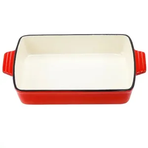 Gran oferta 2024, utensilios para hornear de hierro fundido, molde para hornear de dos manijas esmaltado rectangular rojo, Mini plato para pan, molde para asar