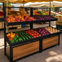 Twee-laags productpresentatiestandaard, zwart metaal, fruit- en groentepresentatie rek, heavy-duty eilandstandaard voor supermarkt en supermarkt.