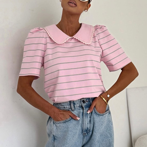 T-shirt rayé rose pour femme, col Peter Pan, manches courtes, tricoté, style preppy, décontracté, pour l'été - Product Image 1
