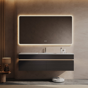 Mueble de Baño Flotante de Madera Maciza de Lujo Italiano, Lavabo Integrado de Piedra Sinterizada, Gabinete de Almacenamiento con <span class=keywords><strong>Espejo</strong></span> LED Inteligente - Product Image 6