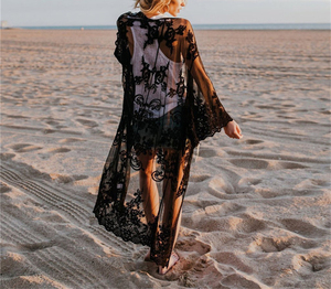2020 Women Floral Mesh Lace Loose Fit Embroidery <strong>Kimonos</strong> Plus Size Flare Sleeve <strong>White</strong> Cardigan Cover up Lace <strong>Kimonos</strong> - Product Image 5